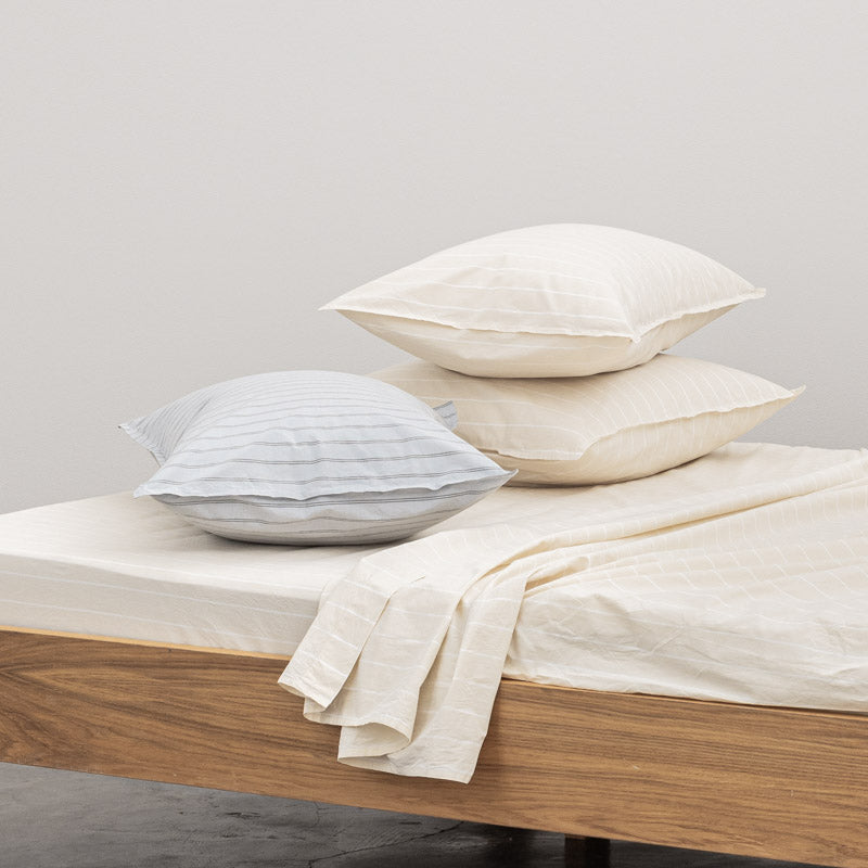 2 Taies D'Oreiller En Percale De Coton Lavé 300 Fils - Rayures Beiges Blanches