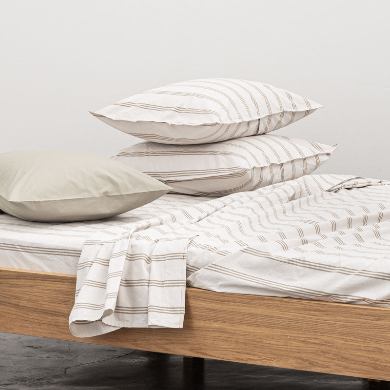 2 Taies D'Oreiller En Percale De Coton Lavé 300 Fils - Rayures Beiges Marrons