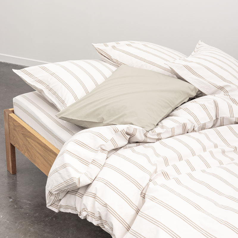 2 Taies D'Oreiller En Percale De Coton Lavé 300 Fils - Rayures Beiges Marrons