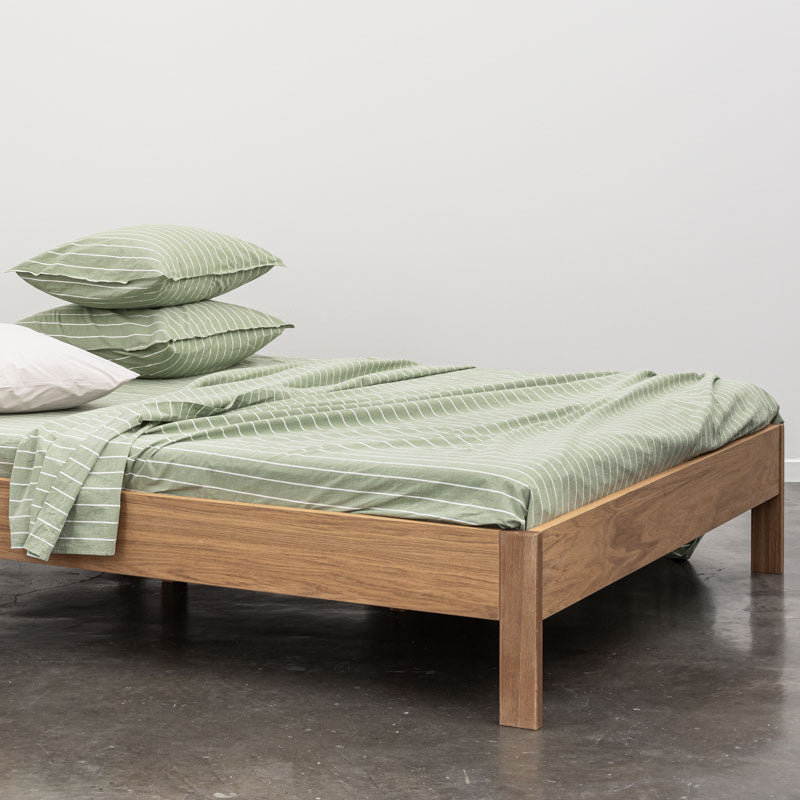 Drap Plat En Percale De Coton Lavé 300 Fils - Rayures Vertes Blanches