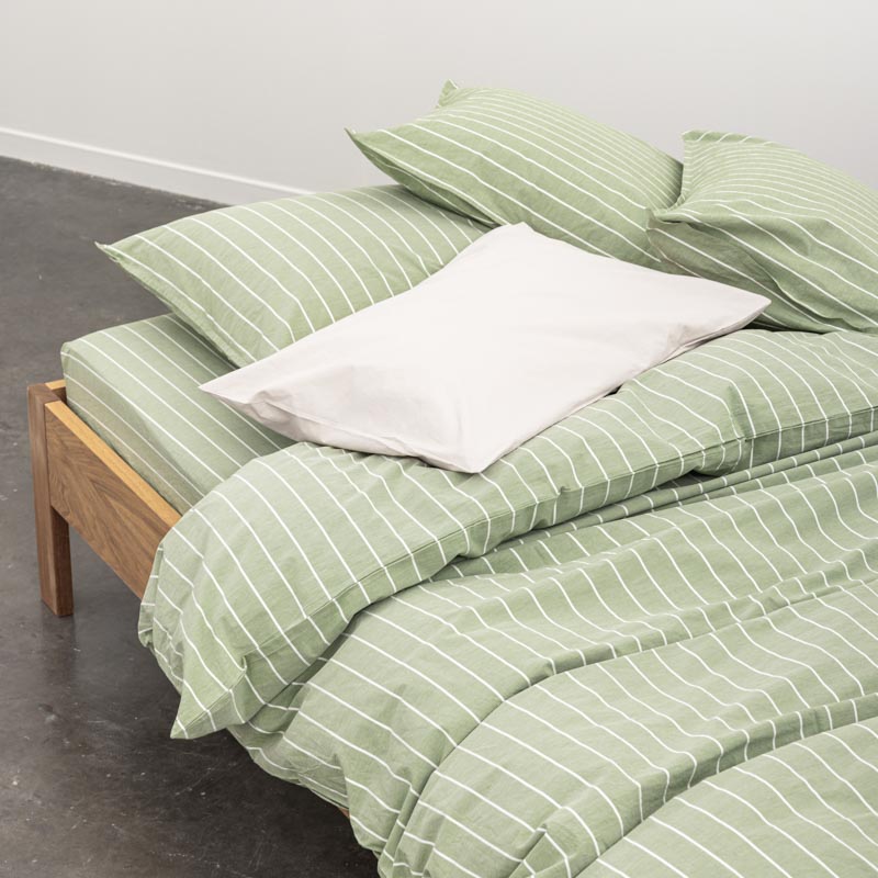 2 Taies D'Oreiller En Percale De Coton Lavé 300 Fils - Rayures Vertes Blanches