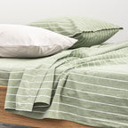 Drap Plat En Percale De Coton Lavé 300 Fils - Rayures Vertes Blanches