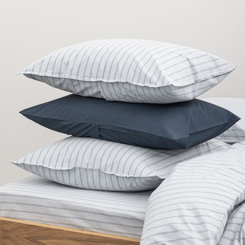 Drap Housse En Percale De Coton Lavé 300 Fils - Rayures Bleues Grises
