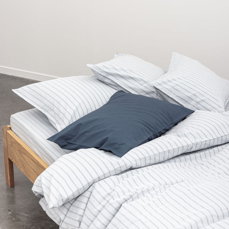 Drap Housse En Percale De Coton Lavé 300 Fils - Rayures Bleues Grises