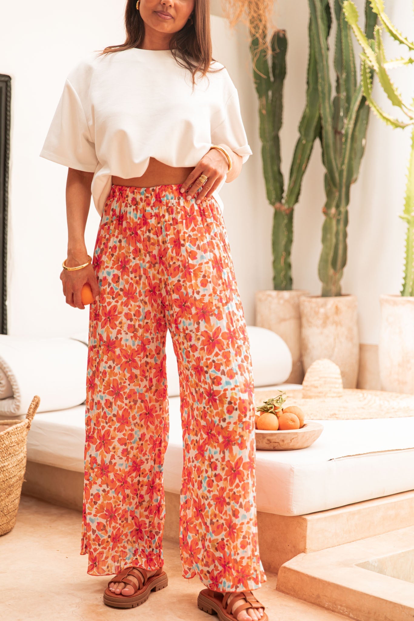 PIO Orange5 Fleurs - Pantalon Plissé