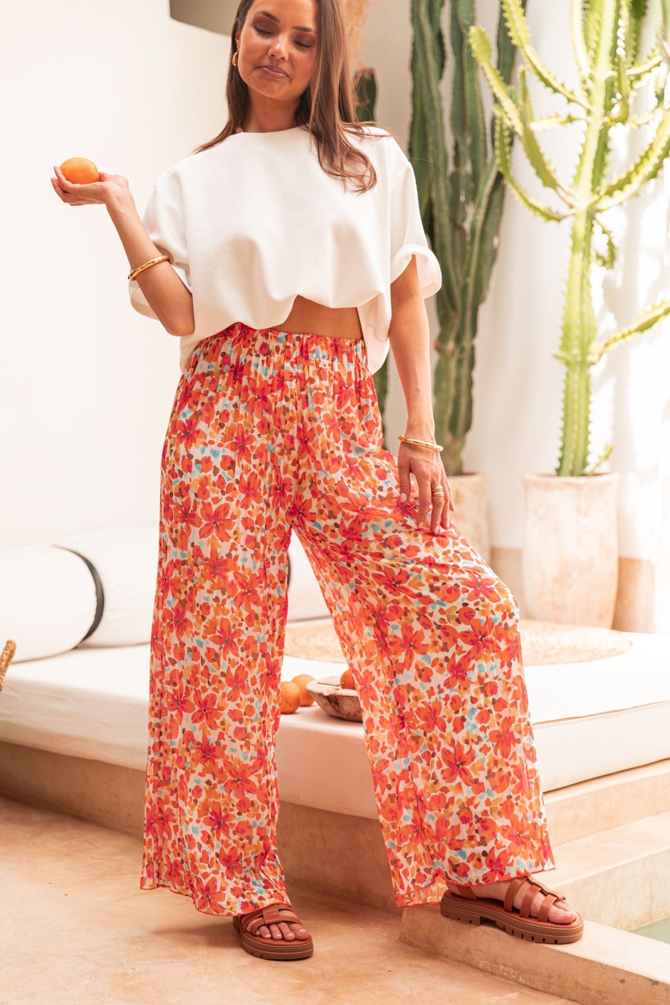 PIO Orange5 Fleurs - Pantalon Plissé