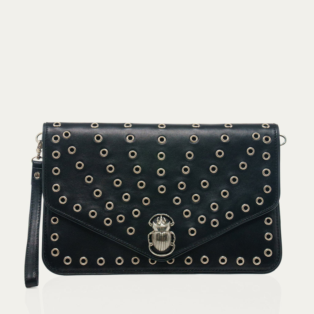 Pochette Cuir Alicia Cuir Nappa Noir Avec Oeillets