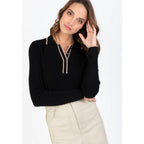 Polo Slim À Manches Longues Côtelées Gypsy Noir / Camel, 100% Cachemire, 2 Fils, 1-1 Rib - Femme - Perfect Cashmere - Perfect Cashmere* - The Bradery