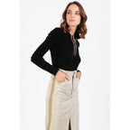 Polo Slim À Manches Longues Côtelées Gypsy Noir / Camel, 100% Cachemire, 2 Fils, 1-1 Rib - Femme - Perfect Cashmere - Perfect Cashmere* - The Bradery