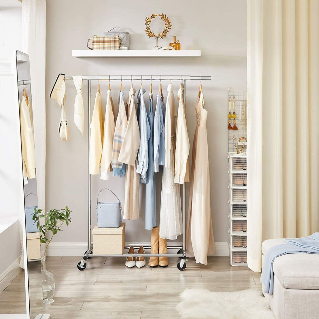 Portant À Vêtements Sur Roues Avec Tringle Extensible 92-132cm - Argent