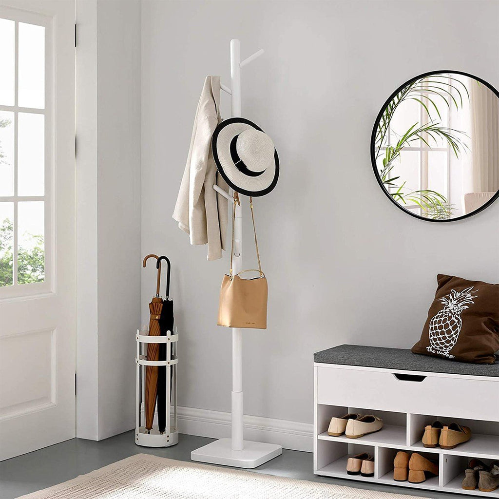 Porte-Manteau Sur Pied En Bois D'Hévéa Blanc Avec 8 Crochets - H175 cm - Blanc