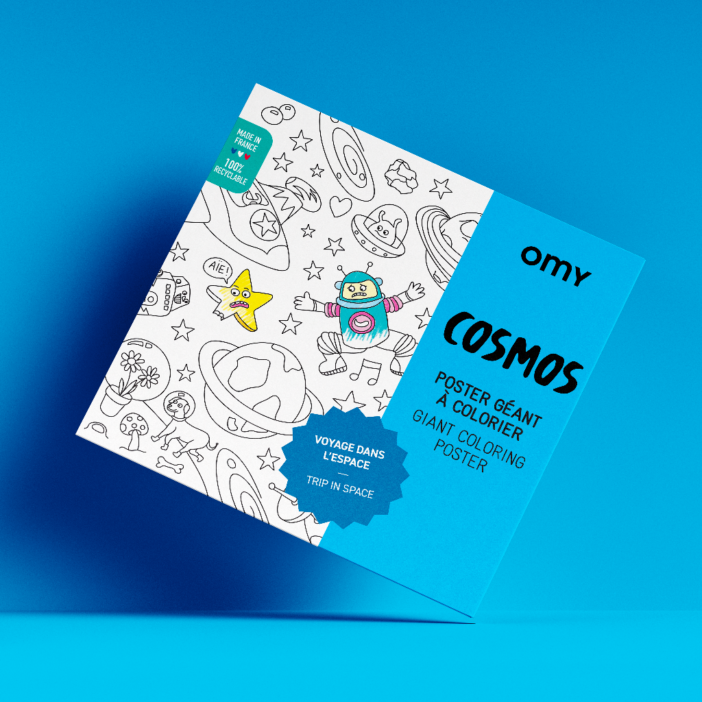Pochette du poster géant Cosmos à colorier - OMY sur fond bleu
