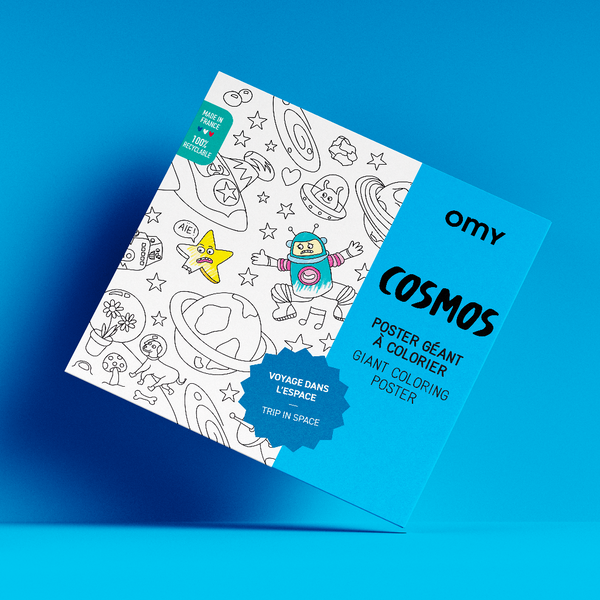Pochette du poster géant Cosmos à colorier - OMY sur fond bleu