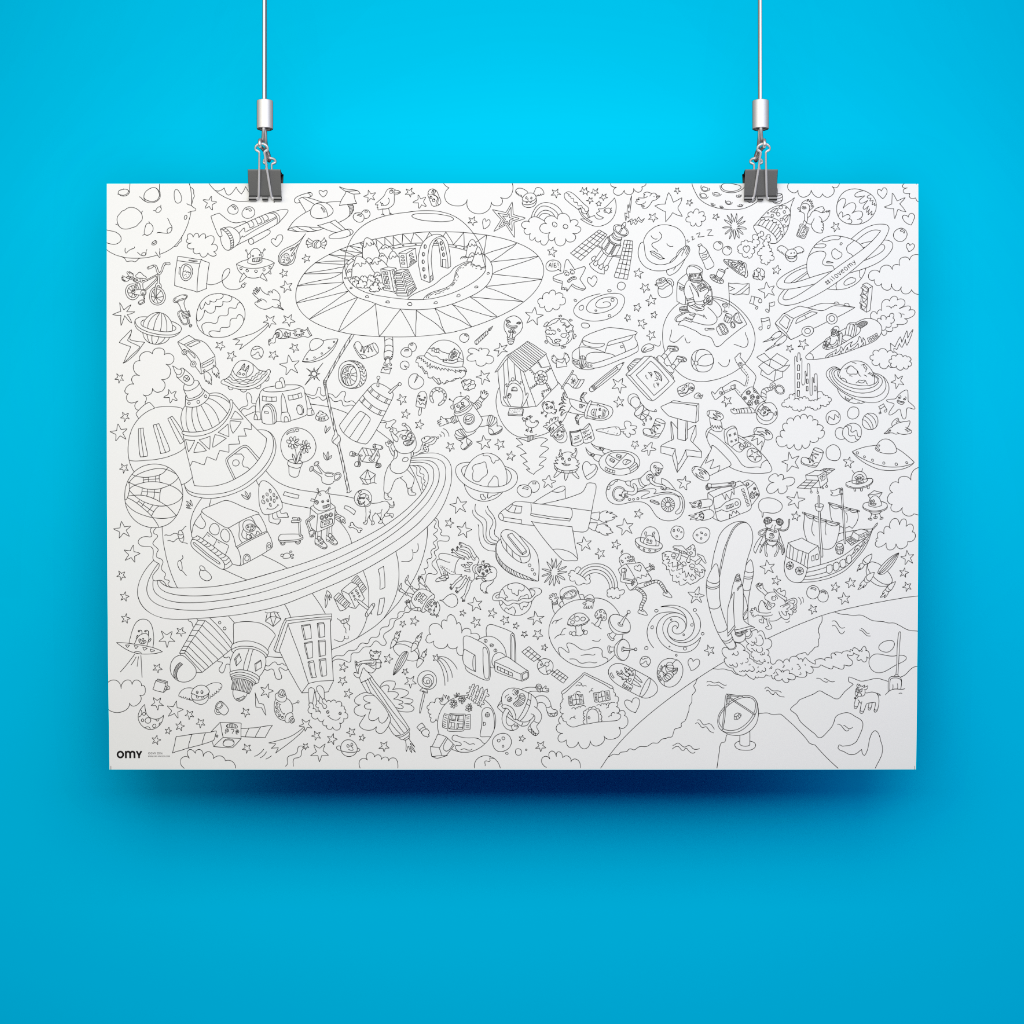 Poster à colorier Cosmos suspendu montrant les planètes, fusées et extraterrestres