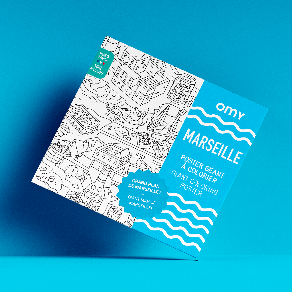 Poster géant à colorier Marseille par OMY avec boîte bleue sur fond coloré packaging 