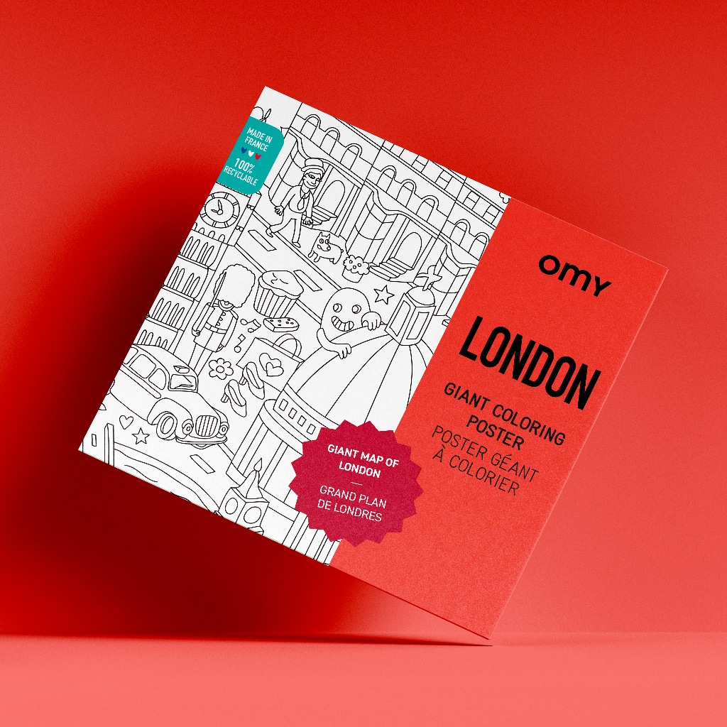 Poster géant à colorier Londres par OMY, packaging rouge avec plan de la ville en noir et blanc