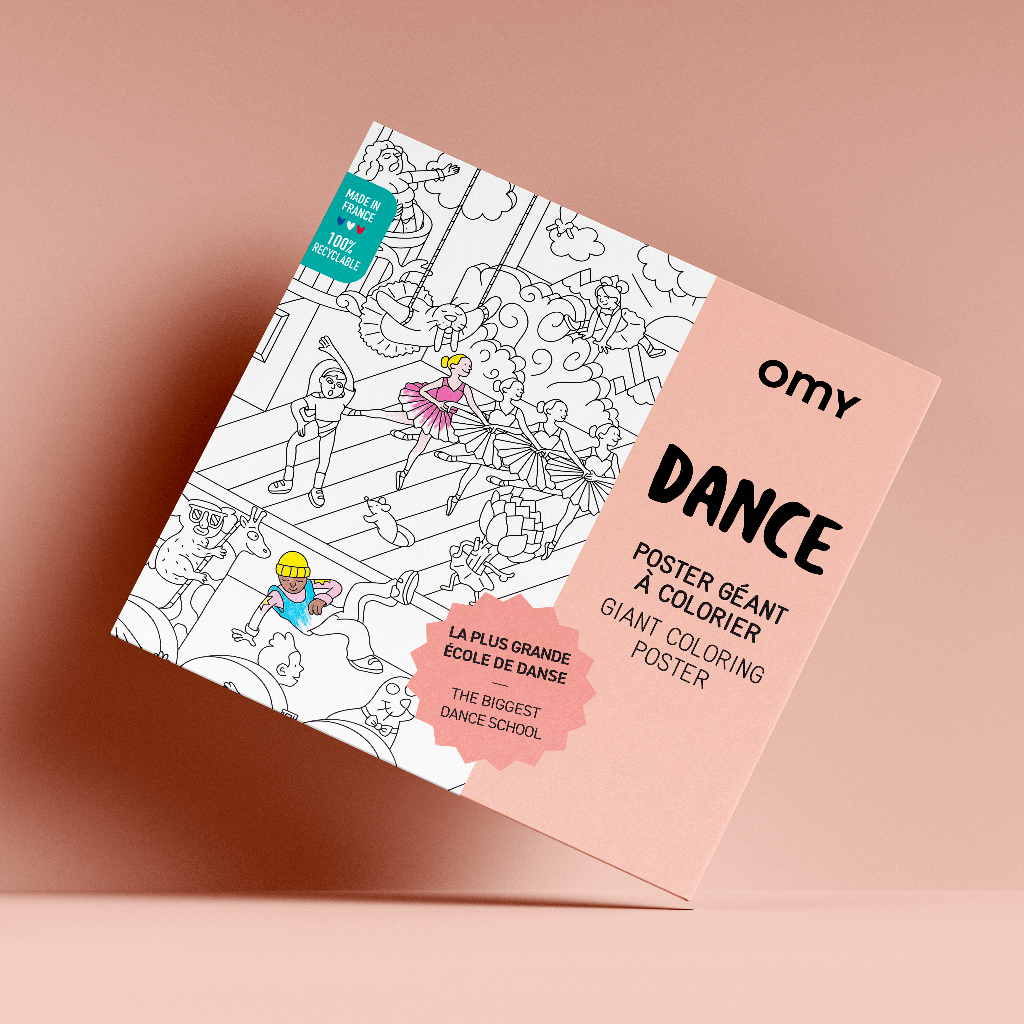 Boîte du poster géant à colorier "Dance" d’OMY sur fond rose poudré