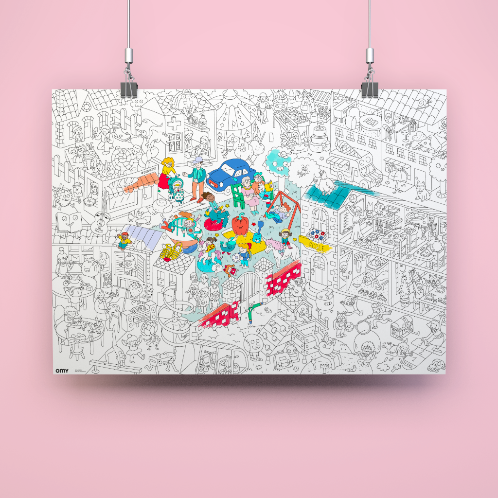 Poster à colorier "Kids Life" suspendu, version noir et blanc, plein de détails ludiques

