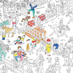 Poster Poney Club partiellement colorié avec scènes d’activités équestres, chevaux et cavaliers.