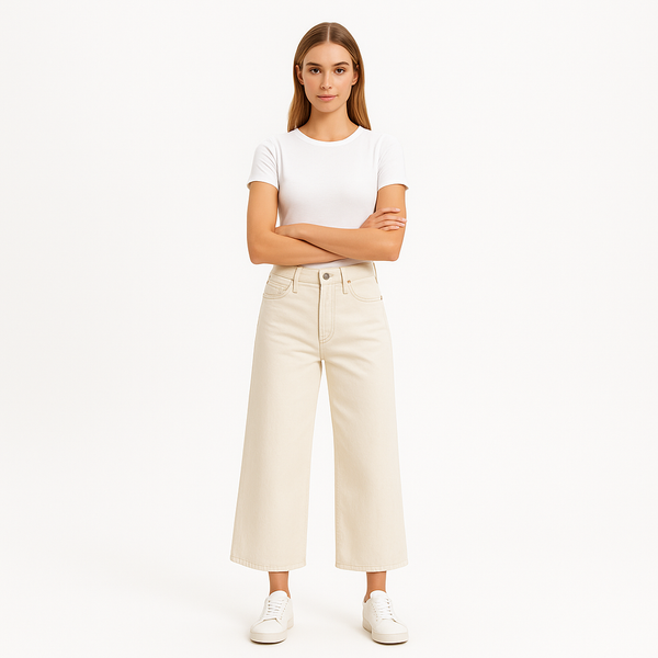 Pantalon High Rise Wide Crop - Ecru