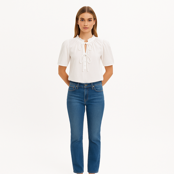 Top Tie Neck Ruffle Popover - Blanc