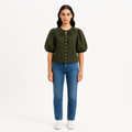Top Tie Neck Button Front Popover - Fatigue