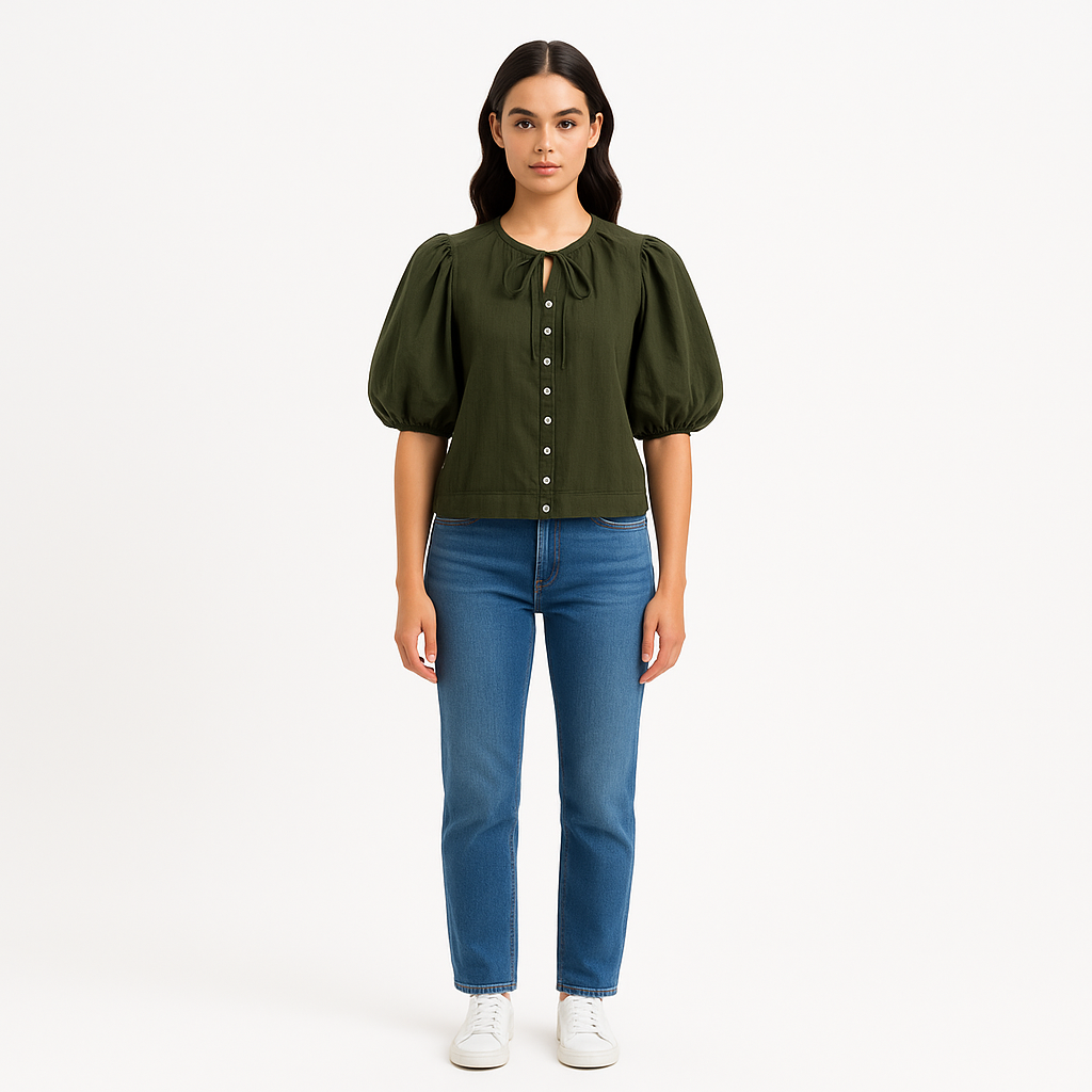 Top Tie Neck Button Front Popover - Fatigue