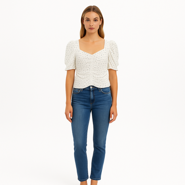 Top Gathered Button Front - Off White Multi