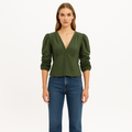 Top Shirred Sleeve Vneck - Fatigue