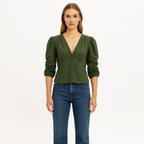 Top Shirred Sleeve Vneck - Fatigue