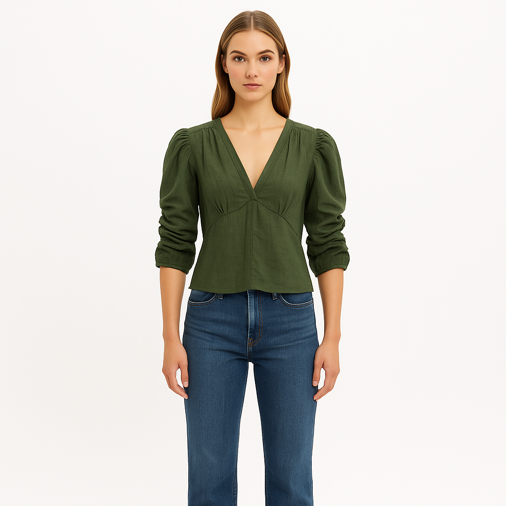 Top Shirred Sleeve Vneck - Fatigue