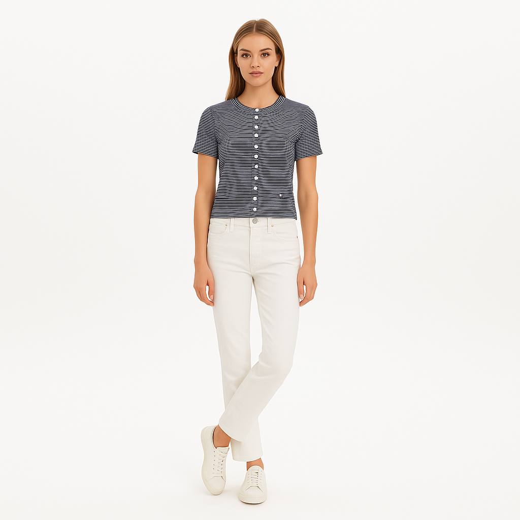 T-Shirt Cropped Button - Navy Multi