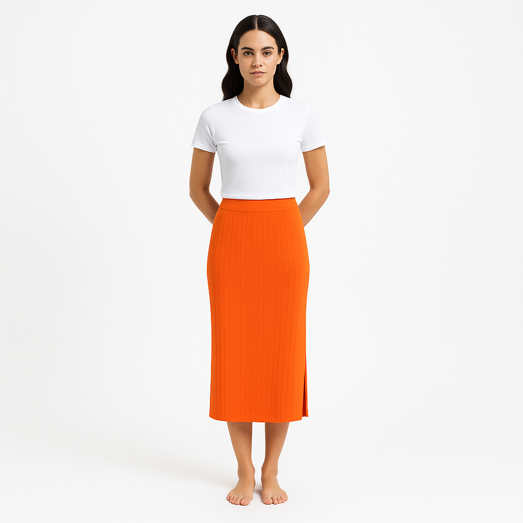 Jupe Mixed Rib Cutout - Bright Tangerine