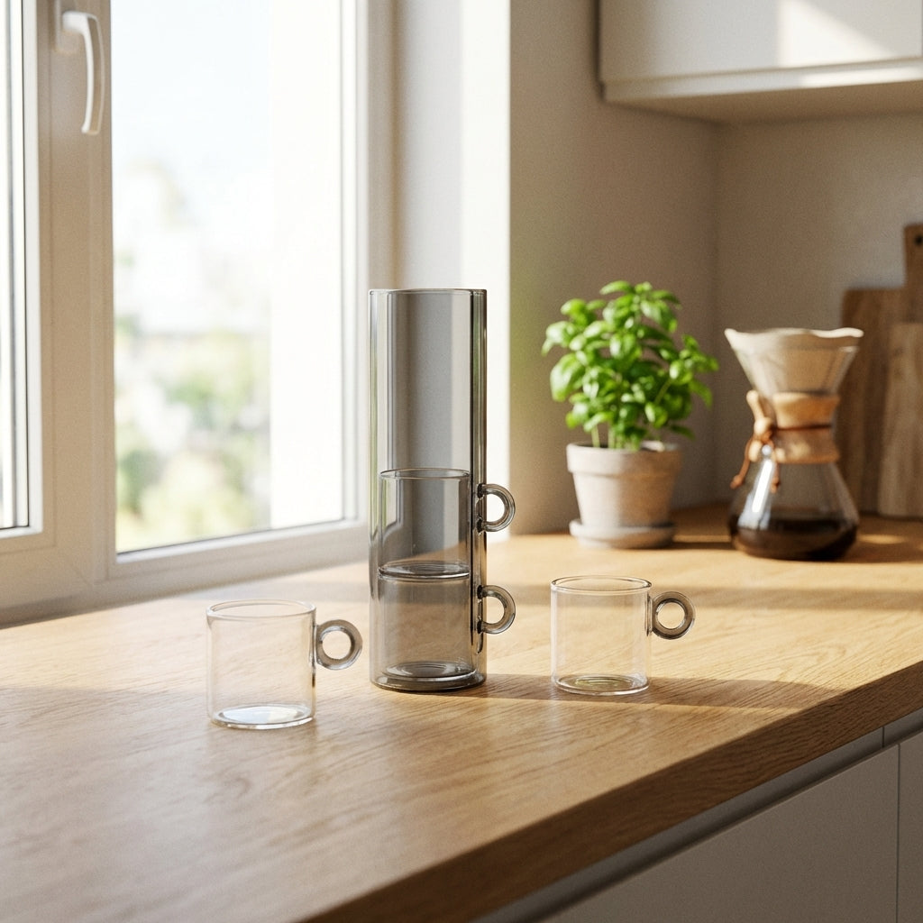 Olimpia - Ensemble De 4 Tasses Avec Anses Annulaires - Gris - Verre Borosilicate - 100ml
