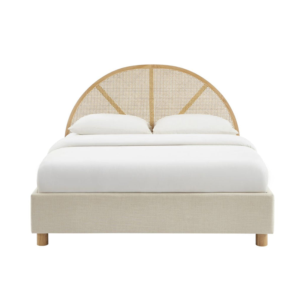 Lit Coffre Tsuki - Tissu Beige Lin Cannage - Sommier Inclus