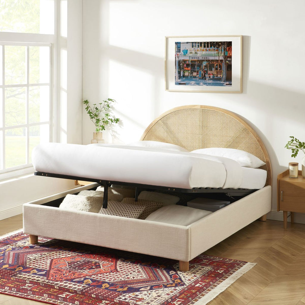 Lit Coffre Tsuki - Tissu Beige Lin Cannage - Sommier Inclus