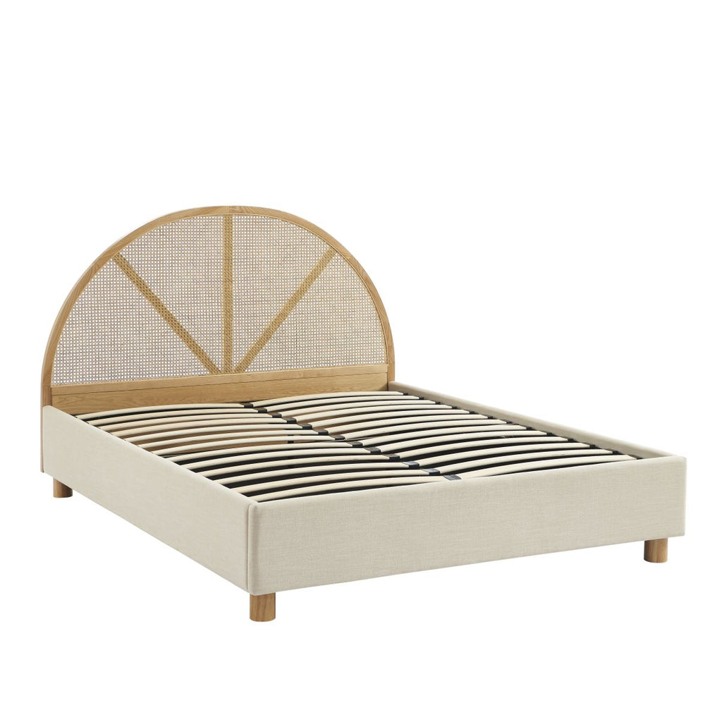 Lit Coffre Tsuki - Tissu Beige Lin Cannage - Sommier Inclus