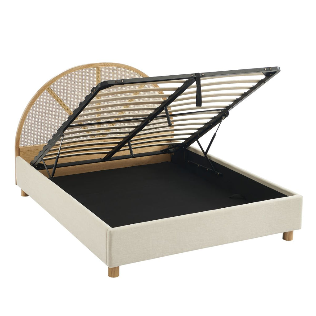 Lit Coffre Tsuki - Tissu Beige Lin Cannage - Sommier Inclus