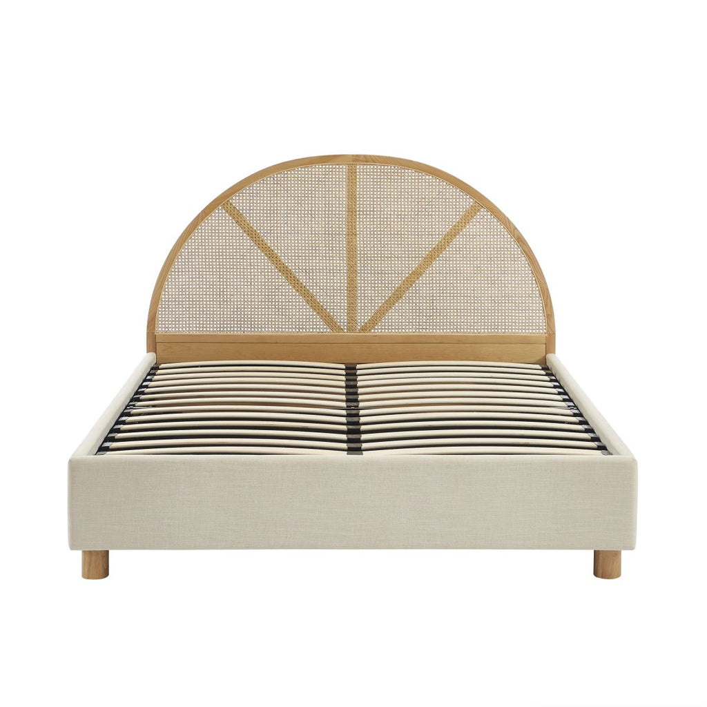Lit Coffre Tsuki - Tissu Beige Lin Cannage - Sommier Inclus