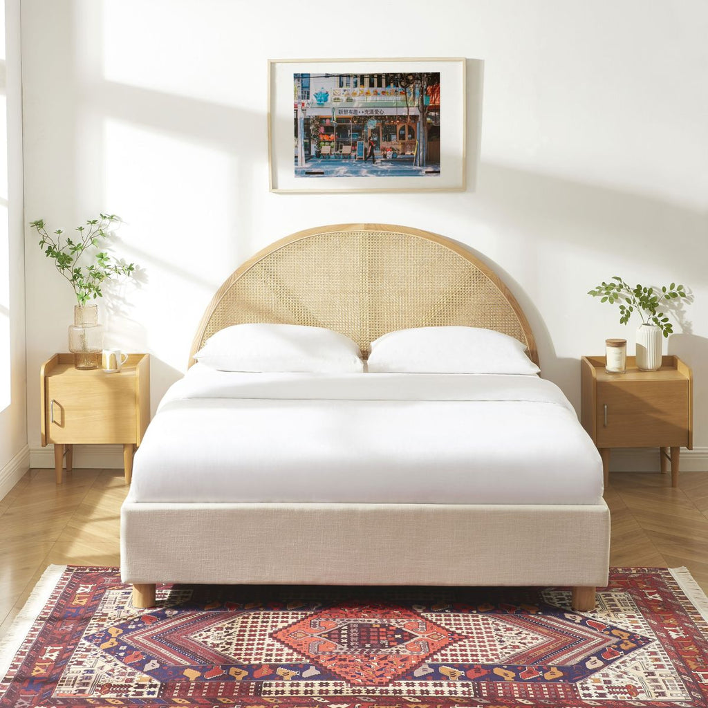 Lit Coffre Tsuki - Tissu Beige Lin Cannage - Sommier Inclus