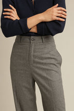 Pantalon droit taille haute en laine Gris foncé chiné - Femme