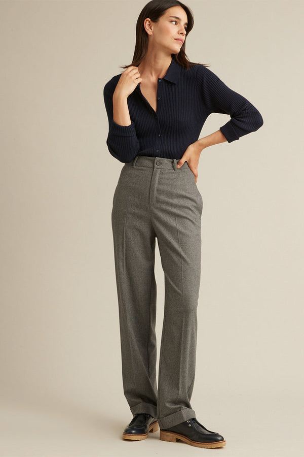 Pantalon droit taille haute en laine Gris foncé chiné - Femme