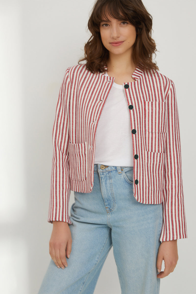 Veste Courte Rayée - Ecru Rayé Rouge - Femme