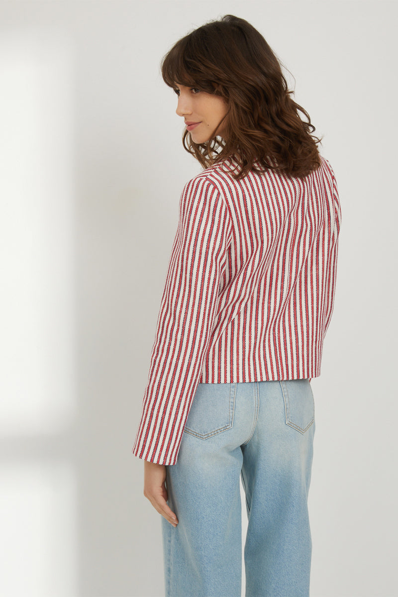 Veste Courte Rayée - Ecru Rayé Rouge - Femme