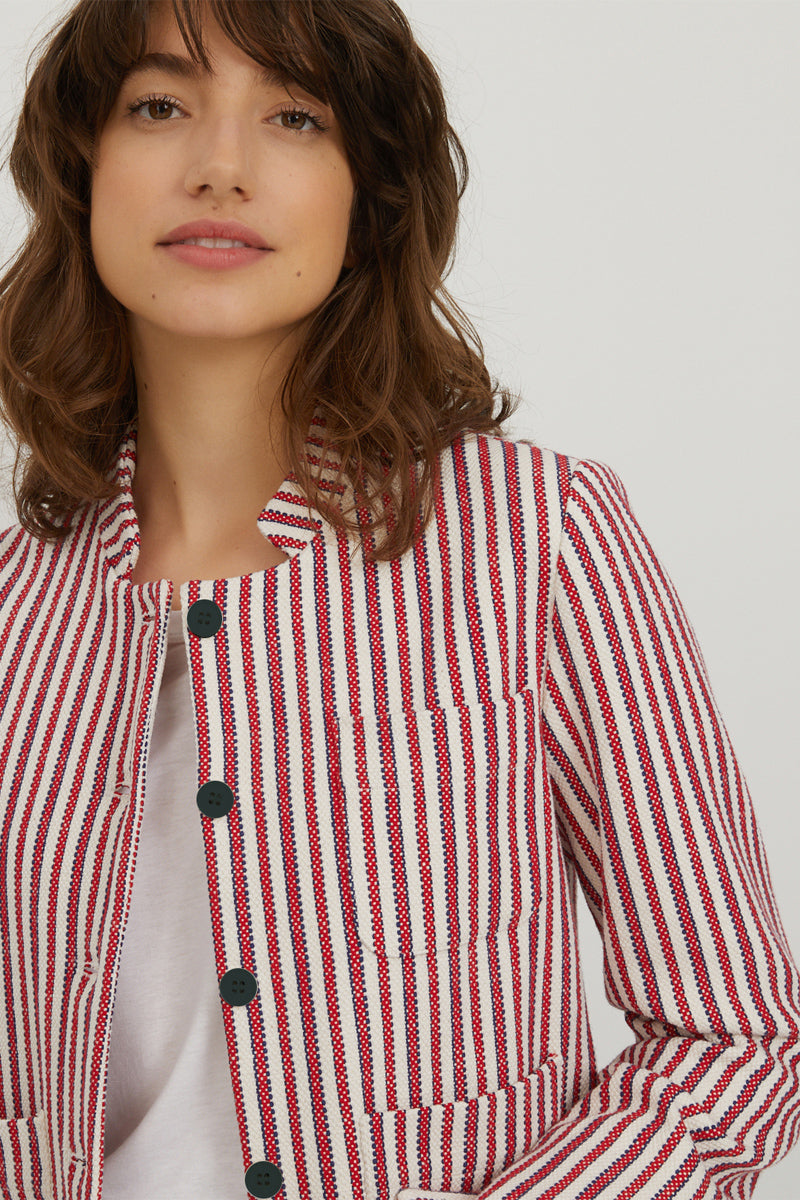 Veste Courte Rayée - Ecru Rayé Rouge - Femme