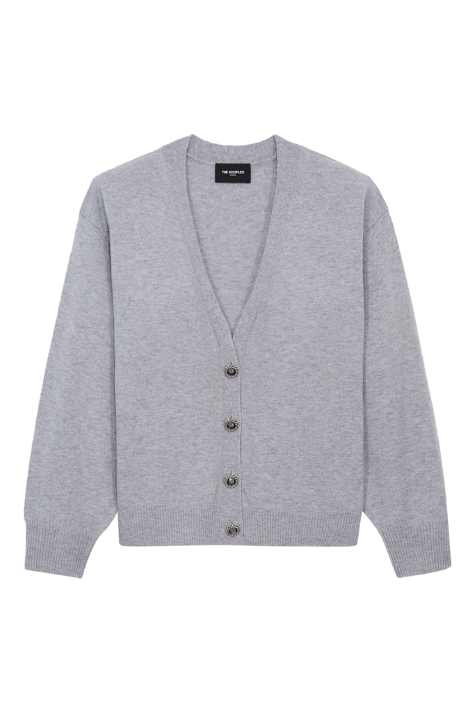 The Kooples - Cardigan Laine Gris Boutons Bijoux Col V - Femme
