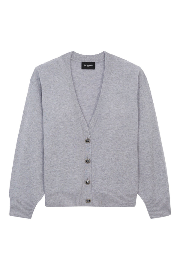 The Kooples - Cardigan Laine Gris Boutons Bijoux Col V - Femme