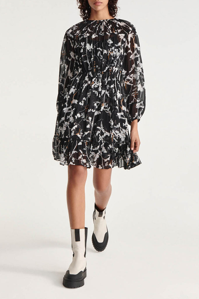 The Kooples - Robe Courte Noire Motif Fleuri À Fronces - Femme