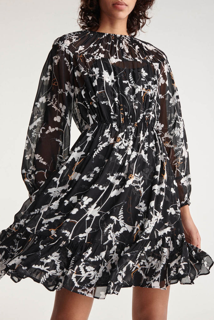 The Kooples - Robe Courte Noire Motif Fleuri À Fronces - Femme