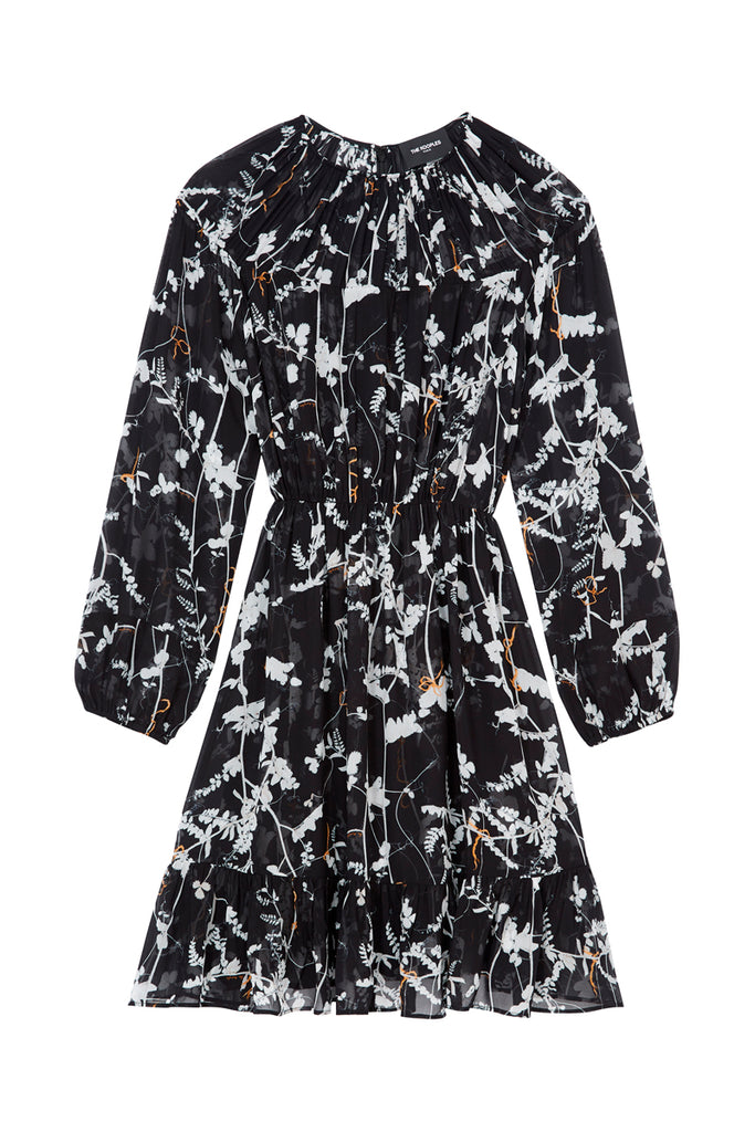 The Kooples - Robe Courte Noire Motif Fleuri À Fronces - Femme